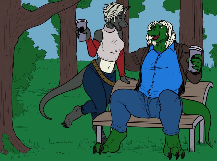 anthro barefoot bench blue_bottomwear blue_clothing blue_pants blue_shirt blue_topwear bottomwear breasts clothed clothing coffee_mug day denim denim_bottomwear denim_clothing duo eye_contact feet female fully_clothed grass green_body green_scales green_tail grey_body grey_scales grey_tail hair holding_object jeans looking_at_another male midriff navel open_mouth open_smile outside pants park park_bench plant scales shirt sitting smile standing tail topwear tree white_body white_hair white_scales thehades reia_(zerrexnarrius) zerrex_(zerrexnarrius) lizard reptile scalie digital_media_(artwork) hi_res