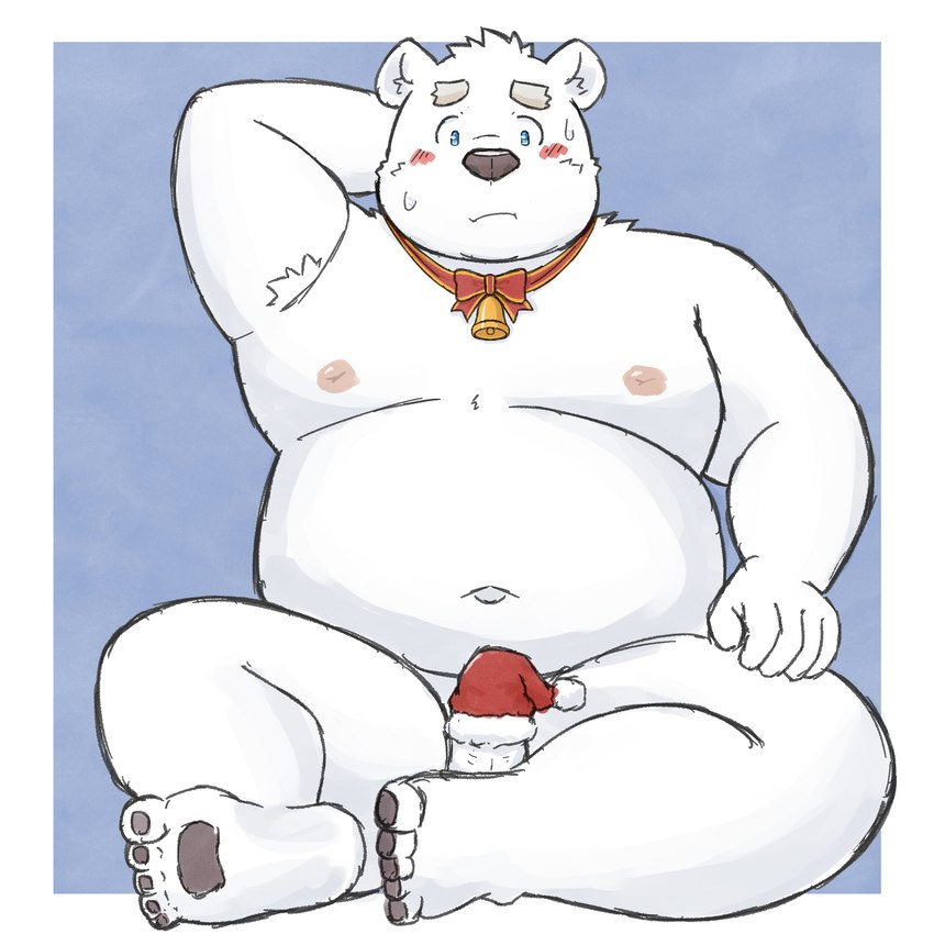 anthro belly big_belly blush christmas_clothing christmas_headwear clothing hat headgear headwear holidays humanoid_hands kemono male moobs navel nipples overweight overweight_male santa_hat sitting solo yaki_atsuage christmas utau shirane_kan bear mammal polar_bear ursine 1:1 2022 hi_res