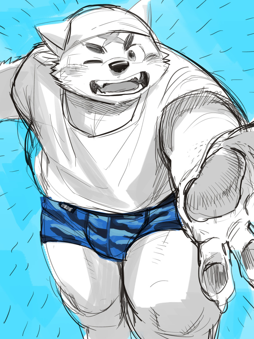 anthro bulge clothing kemono male one_eye_closed overweight overweight_anthro overweight_male paws scar shirt solo topwear underwear wink kita_9999 canid canine canis domestic_dog mammal 2020 3:4 absurd_res hi_res sketch