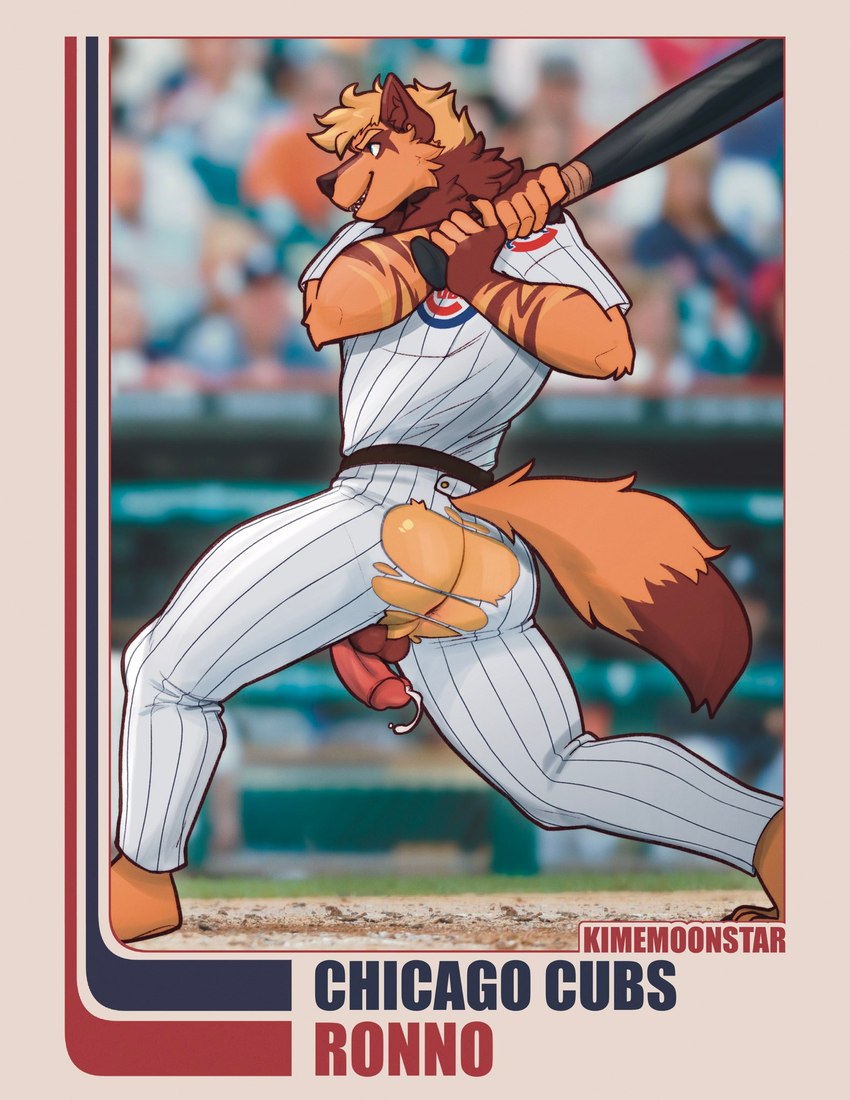 action_pose anthro backsack balls barefoot baseball_(sport) baseball_bat baseball_card baseball_uniform bat_(object) big_butt big_penis bodily_fluids bottomwear butt card claws clothing eyebrows feet fur genital_fluids genitals glans hair holding_object humanoid_genitalia humanoid_penis male muscular muscular_anthro muscular_male narrowed_eyes oblivious pants penis perineum pose precum precum_squirt shirt side_view smile solo sport sportswear standing text topwear torn_bottomwear torn_clothing torn_pants trading_card tuft uniform wardrobe_malfunction kimemoonstar chicago_cubs mlb ronnoyeen hyena mammal 2024 artist_name character_name english_text hi_res