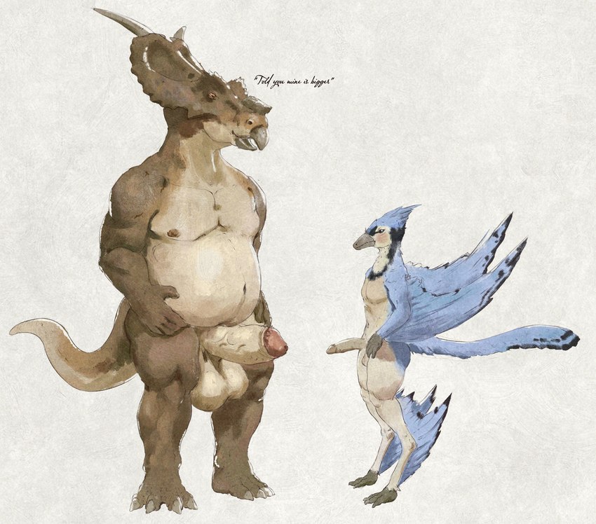 anthro balls beak blue_wings brown_beak brown_body duo erection genitals humanoid_genitalia humanoid_penis male mouth_closed nude open_mouth penis simple_background size_difference standing tan_balls tan_body tan_penis three-quarter_view unsigned vein veiny_penis wings upai avian dinosaur prehistoric_species reptile scalie hi_res