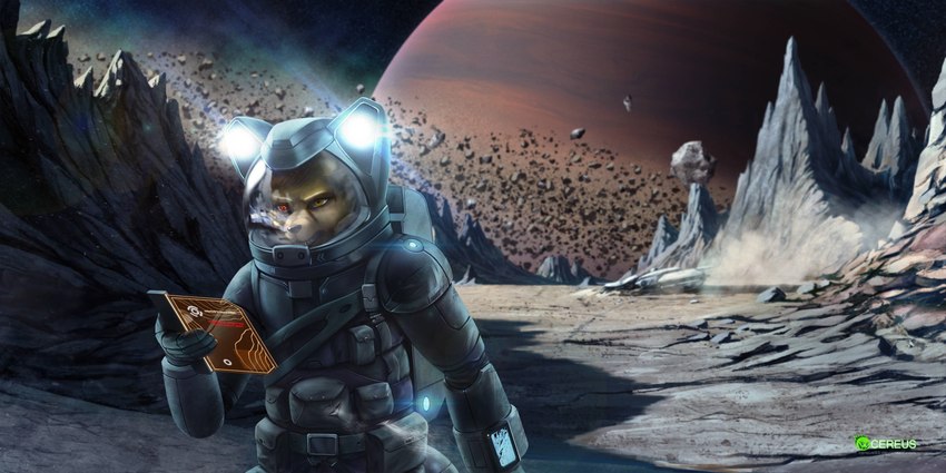 amazing_background anthro black_nose brown_hair clothed clothing datapad detailed_background front_view fur hair heterochromia holding_object male outside planet red_eyes scenery_porn short_hair solo space spacesuit standing tan_body tan_fur teeth text wrist_computer yellow_eyes cereus93 alpha_(alphalupi) canid canine fennec_fox fox mammal true_fox 2:1 artist_name detailed half-length_portrait hi_res portrait url