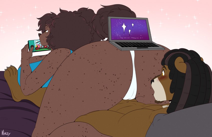 4_toes 5_fingers afro_puffs anthro bed big_breasts big_butt blush breast_rest breasts brown_body brown_fur butt camel_toe claws cleavage clothed clothing computer controller dreadlocks duo electronics feet female fingers food freckles fur furniture game_controller gaming huge_breasts kneeling laptop lying male markings on_back on_bed on_front open_mouth panties pillow playing_video_game pocky_in_mouth shirt simple_background spots spotted_body spotted_fur tank_top thick_thighs toe_claws toes topwear underwear wide_hips yellow_eyes nimzy pocky dal_(blazethefox) malcolm_(silverblackdreads) canid canine canis domestic_dog herpestid mammal mongoose 2023 signature