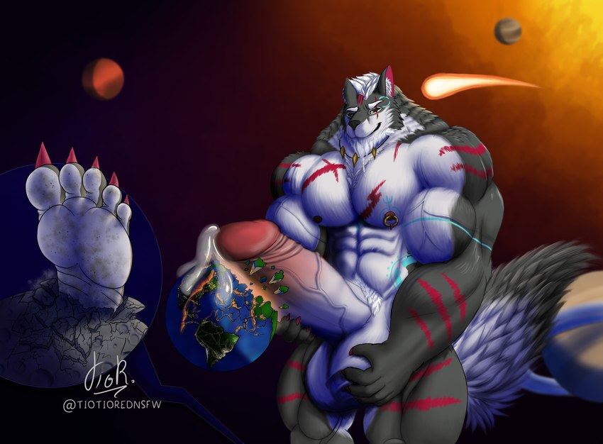 abs anthro balls biceps big_balls big_penis bodily_fluids claws destruction earth erection feet foot_fetish fur fur_markings genital_fluids genitals grey_body grey_fur hair huge_balls huge_penis humanoid_genitalia humanoid_penis hyper hyper_balls hyper_genitalia hyper_penis jupiter_(planet) macro male markings mars_(planet) meteor moon multicolored_body muscular muscular_anthro muscular_male night nipples nude outside paws pecs penis piercing planet planet_destruction plant precum saturn_(planet) sky smile solo space star tail terra_macro text toes tuft vein veiny_penis white_body white_fur white_hair tiotiored tiramisu_(michaelkuo) canid canine canis mammal wolf absurd_res artist_name clip_studio_paint_(artwork) digital_media_(artwork) hi_res shaded signature