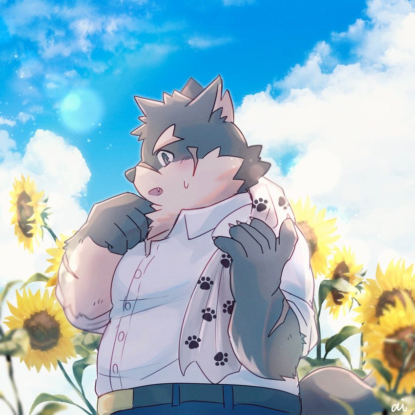 anthro blush clothing dress_shirt eyebrows flower fur grey_body grey_fur male plant scar shirt side_view solo sunflower thick_eyebrows topwear towel alli_paeonia lifewonders tokyo_afterschool_summoners moritaka_(tas) canid canine canis domestic_dog mammal 1:1 hi_res