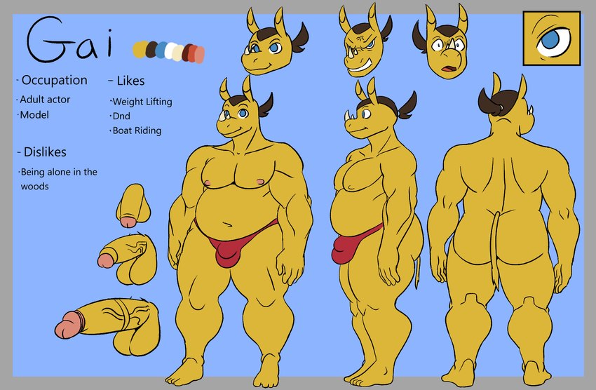 anthro balls blue_eyes butt erection genitals hair horn male muscular muscular_male nipples nude penis ponytail simple_background smile solo text yellow_body yellow_skin cherryfox73 gai_(cherryfox73) mammal rhinoceros english_text hi_res