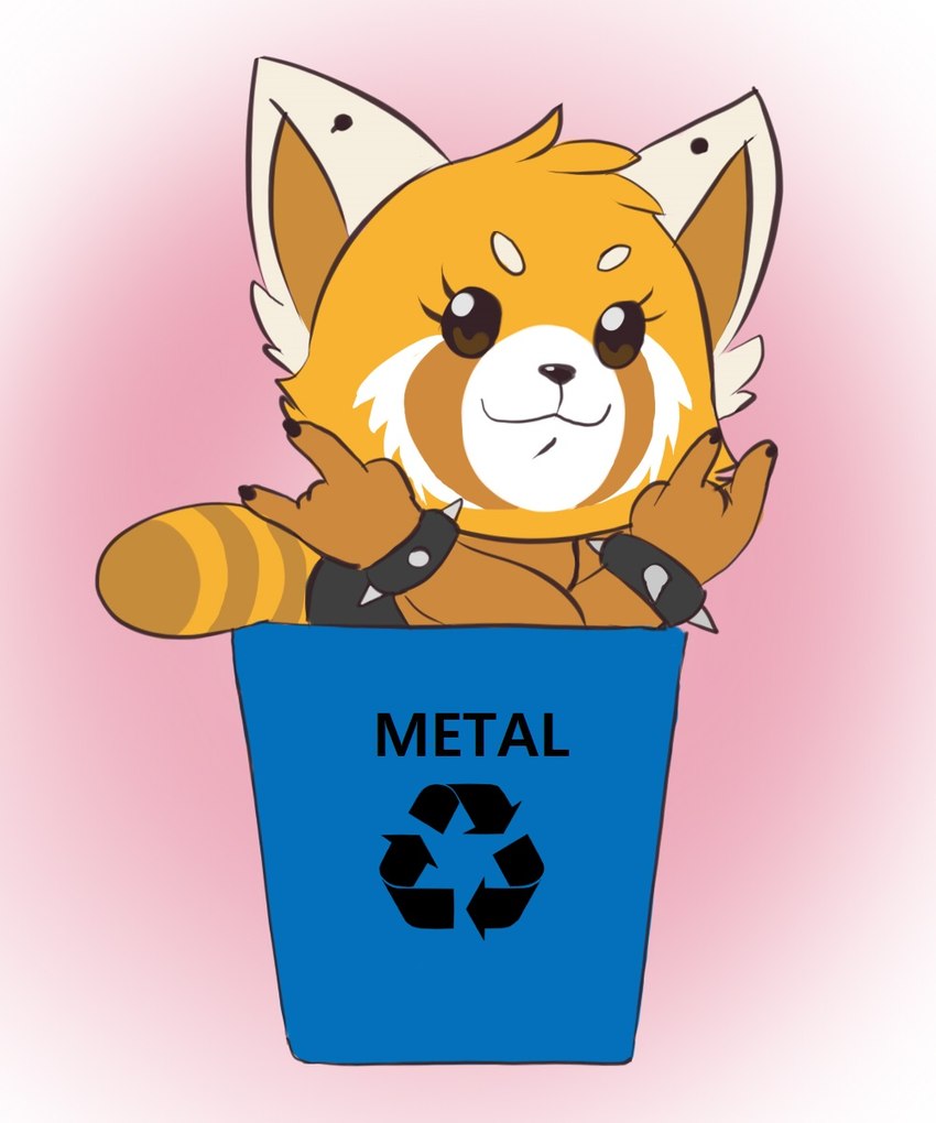 :3 anthro bracelet devil_horns_(gesture) double_devil_horns_(gesture) ear_piercing eyelashes female gesture hand_gesture humor jewelry joke parody piercing pun recycling_bin recycling_symbol smile solo spiked_bracelet spikes symbol text visual_pun mr-shin aggretsuko sanrio retsuko ailurid mammal red_panda 2019 5:6 digital_media_(artwork) english_text hi_res meme