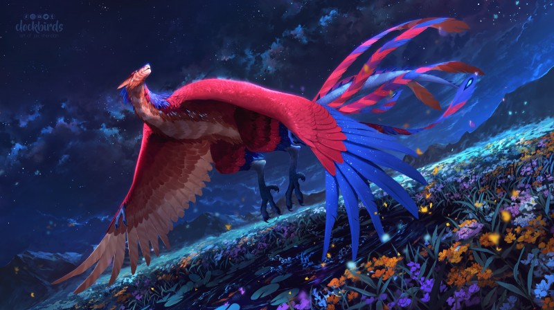 blue_body blue_feathers claws detailed_background feathered_wings feathers feral flower flying grass night outside plant red_body red_feathers sky star starry_sky tail wings clockbirds european_mythology mythology dragon mythological_creature mythological_scalie scalie western_dragon wyvern 2019 digital_media_(artwork) hi_res