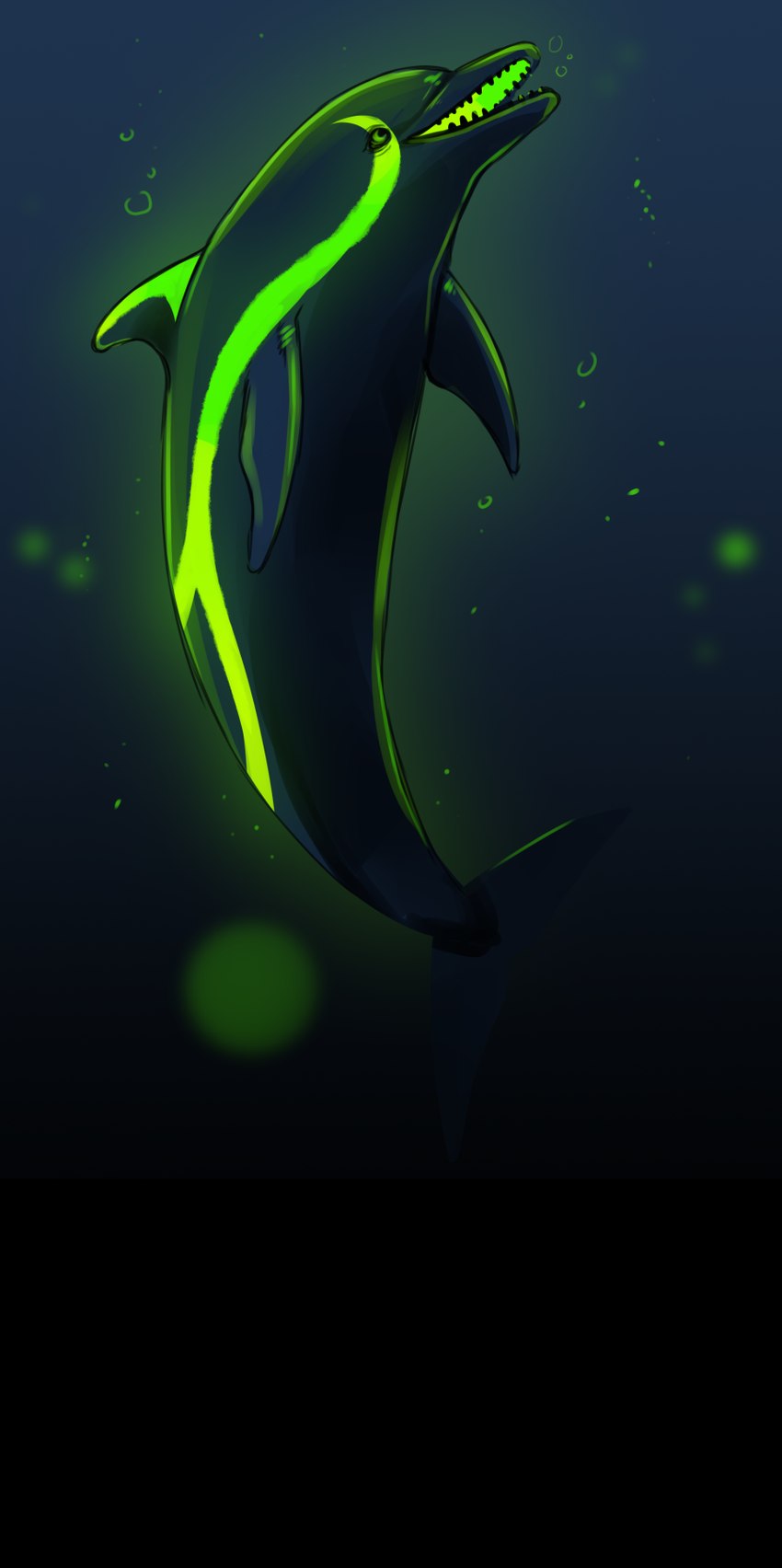 ambiguous_gender black_body black_teeth bubble feral glowing glowing_markings green_eyes green_markings markings open_mouth side_view solo teeth underwater water imperatorcaesar cetacean dolphin mammal marine toothed_whale hi_res