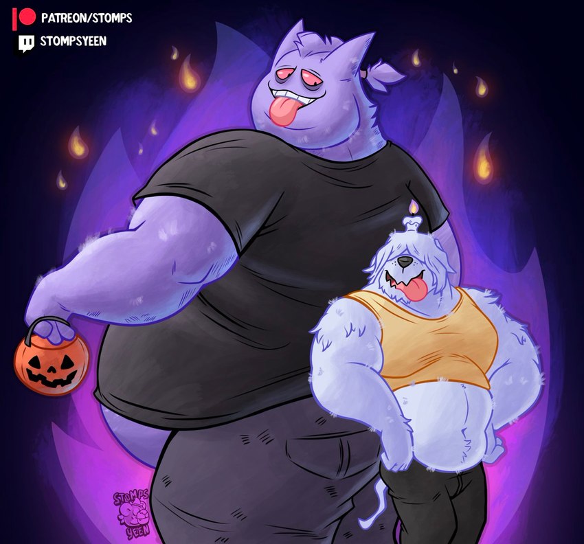 anthro anthrofied bangs belly big_butt big_tongue black_background bottomwear butt candle candle_on_head clothing crop_top denim denim_bottomwear denim_clothing duo fire fur hair holding_object holidays jack-o'-lantern jeans male muscular muscular_anthro muscular_male navel obese obese_anthro obese_male open_mouth open_smile overweight overweight_anthro overweight_male pants pokemorph ponytail purple_background shirt simple_background size_difference smile standing tank_top teeth text thick_thighs tongue tongue_out topwear trick-or-treating tuft stompsyeen halloween nintendo patreon pokemon twitch.tv generation_1_pokemon generation_9_pokemon gengar greavard pokemon_(species) 2023 url watermark