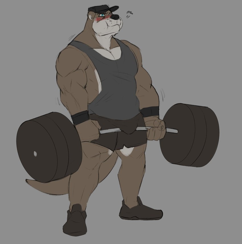 anthro barbell baseball_cap big_muscles black_baseball_cap black_bottomwear black_clothing black_shorts black_wristband blue_eyes blush bottomwear brown_body brown_fur bulge clothed clothing countershade_face countershade_legs countershade_torso countershading deadlift exercise footwear fully_clothed fur grey_background grey_body grey_clothing grey_countershading grey_footwear grey_fur grey_shirt grey_shoes grey_tank_top grey_topwear hat headgear headwear holding_breath male motion_lines multicolored_body multicolored_fur muscular muscular_anthro muscular_male puffed_cheeks shirt shoes shorts simple_background solo tank_top topwear two_tone_body two_tone_fur weights wristband horrorbuns echo_(game) echo_(series) echo_project sydney_bronson mammal mustelid otter 2024 full-length_portrait hi_res portrait