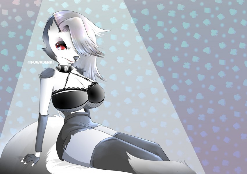 anthro big_breasts breasts clothed clothing collar female fur grey_body grey_fur hair huge_breasts legwear lingerie red_eyes simple_background solo_focus thigh_highs torn_clothing unwanted_attention white_hair fuwadenki helluva_boss mythology loona_(helluva_boss) canid canid_demon canine demon hellhound mammal mythological_canine mythological_creature