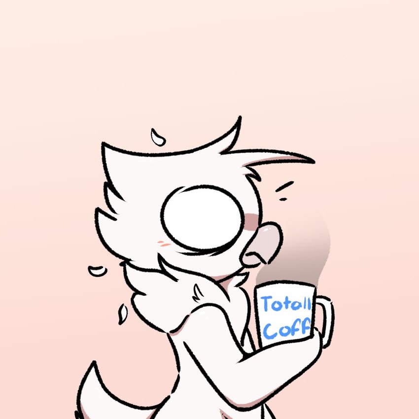 ambiguous_anthro ambiguous_gender anthro beak beverage biped blue_text blush blush_lines coffee coffee_mug container cup eyes_closed feathers hair holding_beverage holding_coffee holding_coffee_mug holding_object just_woke_up monotone_body monotone_feathers mug nude nude_anthro nude_male pink_background pink_blush shocked side_view simple_background solo surprise surprised_expression tail text text_on_mug white_arms white_body white_feathers white_hair white_legs white_mug white_tail yosshidoragon riley_(giidenuts) avian bird 1:1 2022 digital_media_(artwork) english_text male_(lore)