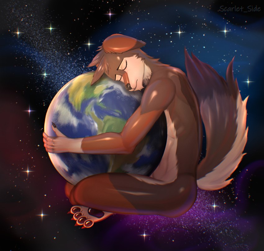 anthro butt claws cosmos earth eyes_closed feet femboy fur giga hair holding_object in_space macro male nude paws peaceful planet sky solo space star tail toes scarlet_side canid canine canis mammal 2024 digital_media_(artwork) hi_res