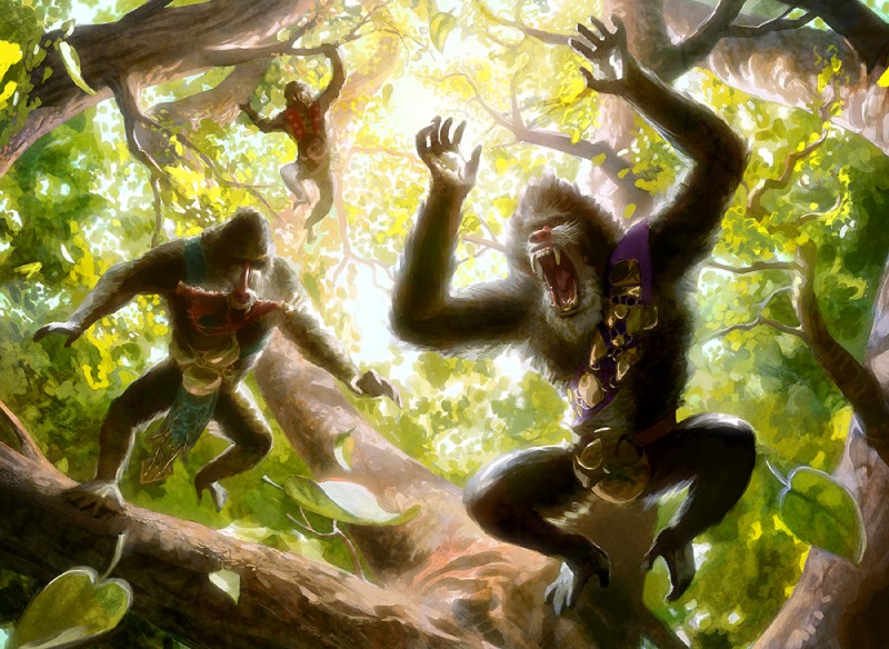 ambiguous_gender backlighting bottomwear clothing detailed_background forest group jumping light loincloth nature outside plant raised_arm screaming tree mike_bierek hasbro magic:_the_gathering wizards_of_the_coast haplorhine mammal mandrill monkey old_world_monkey primate sultai lighting official_art