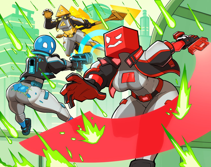 5_fingers belt big_butt blaster blue_body blue_skin blush bodysuit butt city cityscape cleavage_cutout clothed clothing cube_(object) cutout exposed_butt female fingers footwear for_a_head frown gameplay_mechanics gloves group gui hand_on_hip handwear health_bar jacket knee_pads melee_weapon midriff navel no_pupils not_furry polearm pyramid ranged_weapon red_body red_skin shoes skinsuit sneakers spear sphere standing surprise sword tight_clothing topwear torn_clothing weapon yellow_body yellow_skin ceehaz box-e_(ceehaz) cir-ca_(ceehaz) try_(ceehaz) humanoid object_head 2019 absurd_res hi_res