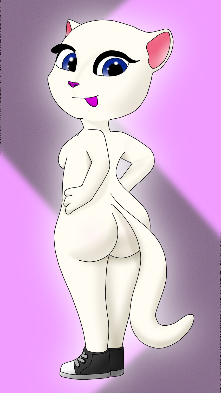 anthro big_butt black_clothing black_footwear black_shoes blue_eyes breasts bubble_butt butt clothing female footwear glistening glistening_eyes glowing hair hands_on_hips looking_back nude nude_female presenting presenting_hindquarters purple_background shoes simple_background small_breasts smile smiling_at_viewer solo tail tongue tongue_out white_hair anonymous_artist my_talking_angela my_talking_angela_2 outfit_7 talking_tom_and_friends talking_angela domestic_cat felid feline felis humanoid mammal 8k 9:16 absurd_res alternate_version_at_source hi_res huge_filesize traced