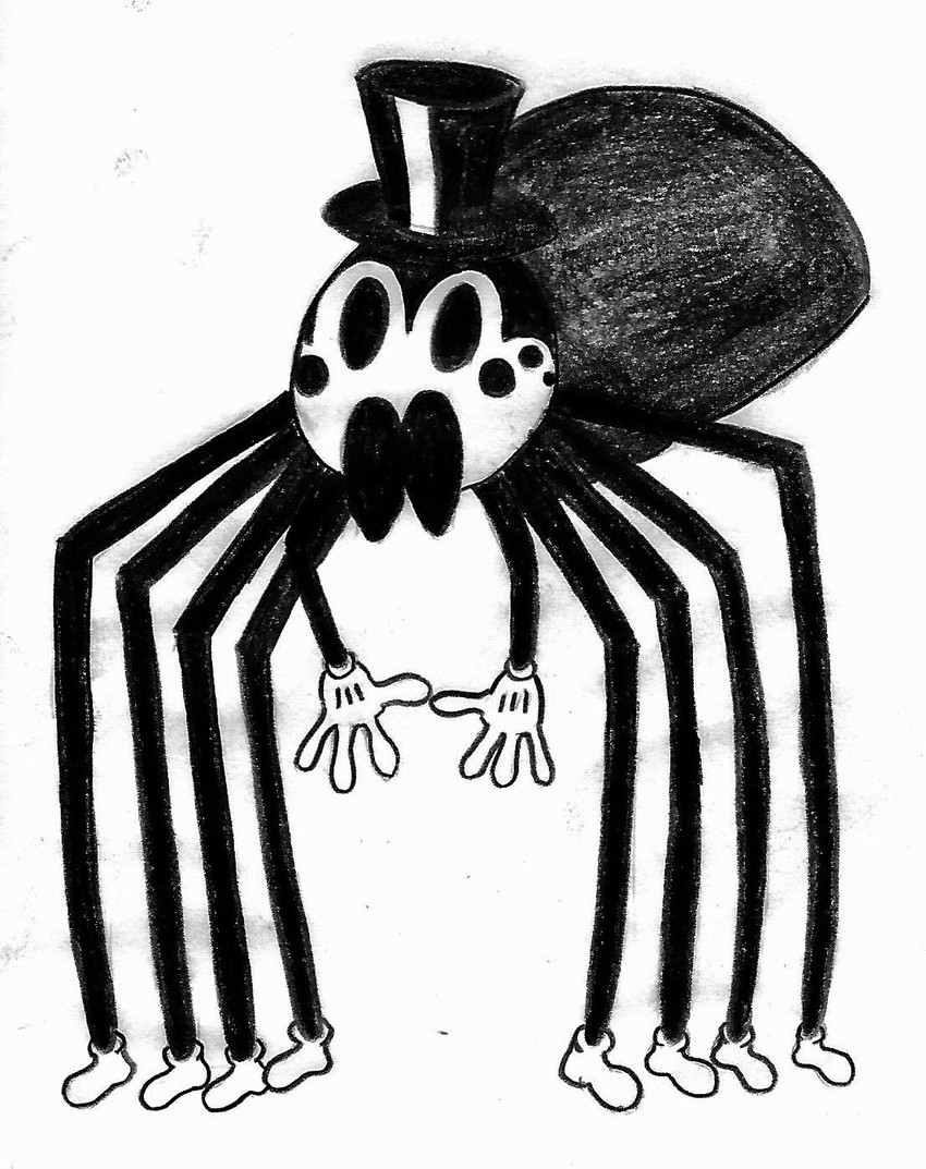 4_fingers 8_eyes 8_legs arthropod_abdomen clothing exoskeleton feral fingers gloves handwear hat headgear headwear long_legs male multi_eye pedipalps simple_background solo top_hat white_background ebrithilbowser arachnamorph arachnid arthropod spider hi_res monochrome