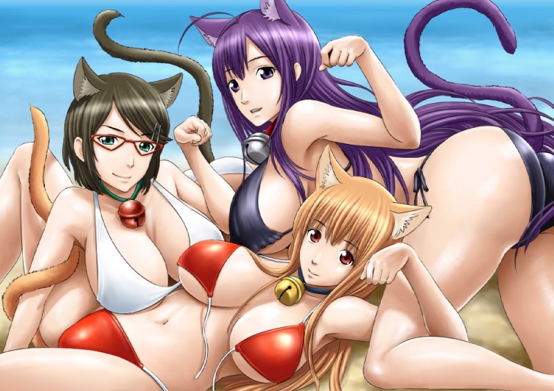 5_fingers accessory bell bell_collar big_breasts bikini black_tail blonde_hair bobby_pin breasts brown_hair butt cat_tail cleavage clothed clothing collar curvy_figure eyebrows eyelashes eyewear fastener female fingers glasses green_eyes group hair hair_accessory hairclip huge_breasts long_hair looking_at_viewer midriff navel orange_tail parallel_clips paw_pose pin_(fastener) pose purple_eyes purple_hair purple_tail red_eyes short_hair swimwear tail teal_eyes two-piece_swimsuit voluptuous yamakumo cat_planet_cuties capt._kuune dr._durel eris_(cat_planet_cuties) animal_humanoid cat_humanoid domestic_cat felid felid_humanoid feline feline_humanoid felis humanoid mammal mammal_humanoid