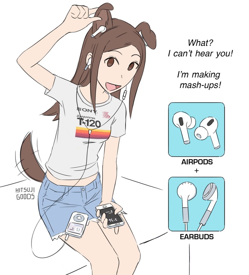 bottomwear clothed clothing dog_ears dog_tail earbuds electronics female graphic_tee hair headphones human_and_animal_ears humor looking_at_viewer multi_ear portable_music_player shirt shorts simple_background sitting smile solo t-shirt tail tail_motion tailwag text topwear hitsujigoods airpods apple_inc. ipod sony_corporation vhs_inumoto animal_humanoid canid canid_humanoid canine canine_humanoid canis dog_humanoid domestic_dog humanoid mammal mammal_humanoid digital_media_(artwork) english_text hi_res watermark