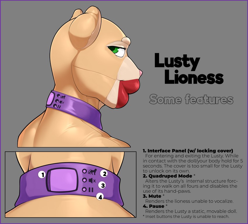 anthro bdsm bondage border bound collar control_panel female green_eyes latex lips purple_border sex_doll solo surrogate text thick_lips badroy lusty_lioness_(badroy) felid lion mammal pantherine absurd_res english_text hi_res