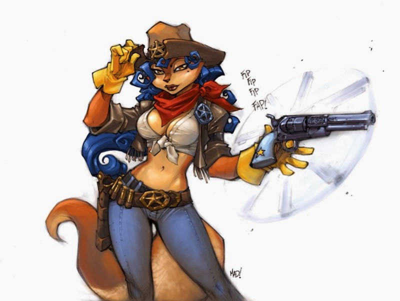 anthro badge belt birthmark blue_hair bottomwear breasts brown_eyes cleavage clothed clothing cowboy_hat denim denim_bottomwear denim_clothing eyebrows eyelashes female fur gloves gun gun_spinning hair handgun handwear hat headgear headwear holster jacket jeans kerchief lips long_hair looking_at_viewer markings multicolored_hair navel orange_body orange_fur pants ranged_weapon revolver shirt simple_background solo text tied_shirt topwear two_tone_hair weapon white_background wild_west joe_madureira sly_cooper_(series) sony_corporation sony_interactive_entertainment sucker_punch_productions carmelita_fox canid canine fox mammal