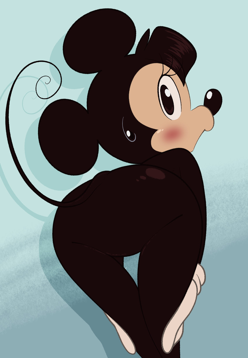 anthro black_body black_fur black_hair blush butt clothing featureless_butt featureless_crotch female fur gloves gloves_only hair handwear handwear_only looking_at_viewer looking_back looking_back_at_viewer monobutt mostly_nude null open_mouth open_smile simple_background smile solo thigh_gap four-pundo disney minnie_mouse mammal mouse murid murine rodent 2026 hi_res