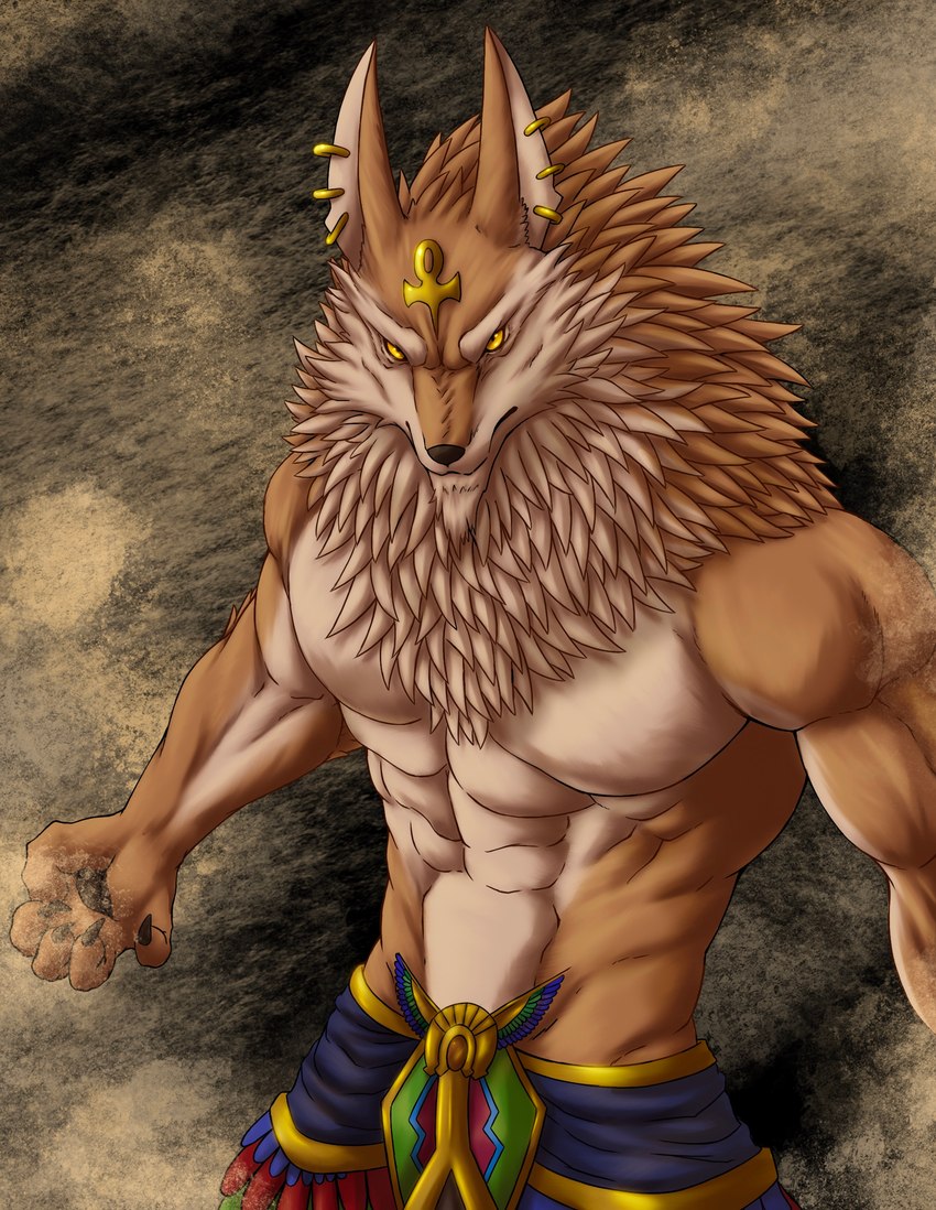 5_fingers abs ankh anthro biped black_nose body_hair bottomwear brown_body brown_fur chest_tuft claws clothed clothing ear_piercing fingers fur gold_(metal) gold_jewelry happy_trail humanoid_hands jewelry kemono kneeling korean looking_away male muscular muscular_anthro muscular_male navel neck_tuft pecs piercing sand solo topless topless_anthro topless_male tuft yellow_sclera chibikoma egyptian_mythology middle_eastern_mythology mythology puzzle_and_dragons set_(deity) set_(puzzle_and_dragons) canid canine deity mammal 2017 absurd_res digital_drawing_(artwork) digital_media_(artwork) half-length_portrait hi_res portrait