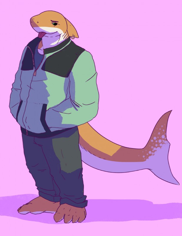 anthro clothed clothing fin fin_piercing furgonomics furry-specific_piercing male piercing smile solo standing tongue tongue_out banana_da_boi dick_(serex) fish marine shark absurd_res hi_res