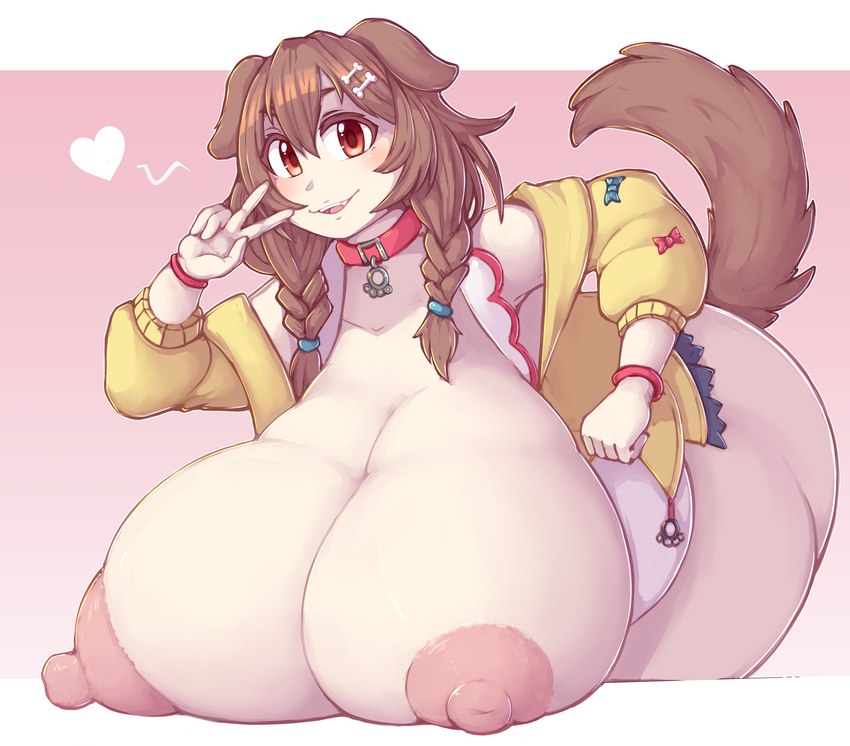 areola big_breasts big_butt braided_hair breasts brown_hair butt collar female gesture hair hand_gesture huge_breasts hyper hyper_breasts looking_at_viewer nipples pink_areola pink_nipples simple_background smile solo v_sign kittenboogers hololive vtuber inugami_korone animal_humanoid canid canid_humanoid canine canine_humanoid dog_humanoid humanoid mammal mammal_humanoid 2022 hi_res