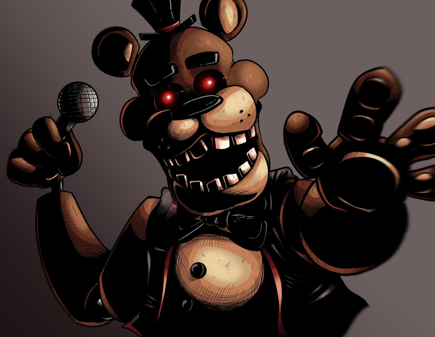 anthro big_bow_tie black_eyebrows black_nose bow_tie brown_background brown_body clothed clothing electronics eyebrows fangame freckles glowing glowing_eyes hat headgear headwear looking_at_viewer machine male microphone multicolored_body open_mouth pawpads paws raised_arm red_eyes round_ears simple_background smile solo standing tan_body teeth top_hat topwear vest not-cucumber fazbear_fanverse five_nights_at_freddy's five_nights_at_freddy's_plus scottgames freddy_(fnaf) freddy_(fnafplus) animatronic bear mammal robot 2020 hi_res