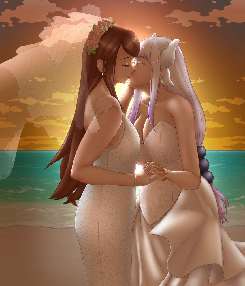 aged_up breasts cleavage clothed clothing dress duo female female/female female_on_human female_on_humanoid horn human_on_humanoid interspecies kissing wedding_dress kristiadder miss_kobayashi's_dragon_maid mythology kanna_kamui riko_saikawa animal_humanoid dragon dragon_humanoid horned_humanoid human humanoid mammal mythological_creature mythological_scalie scalie absurd_res hi_res