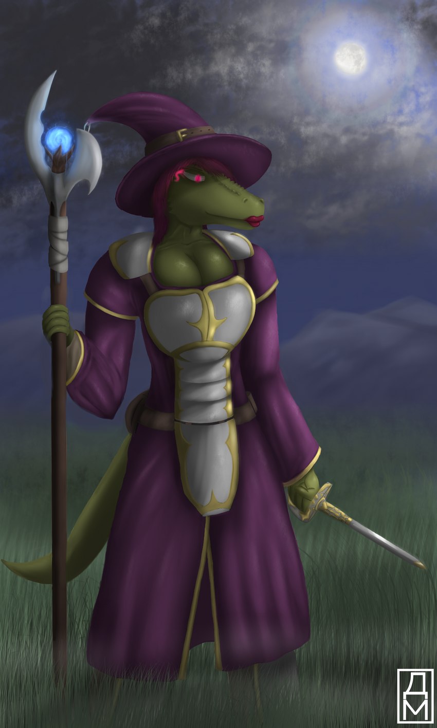 anthro big_breasts breasts cleavage clothed clothing female hair light magic_user magic_wand melee_weapon moon moonlight smile solo sword weapon daxm alligator alligatorid crocodilian reptile scalie 3:5 hi_res signature