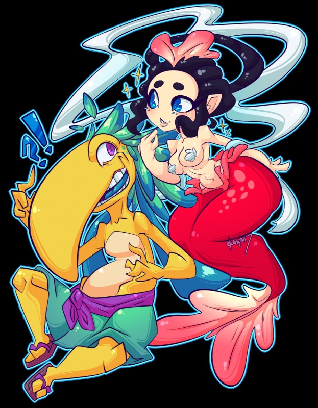 ?! ambiguous_gender black_hair blue_eyes blue_pupils blue_tongue clothed clothing duo exclamation_point female green_hair hair navel pupils purple_eyes question_mark split_form tongue akorhaphi level-5 yo-kai_watch babblong mermaidyn marine merfolk alpha_channel