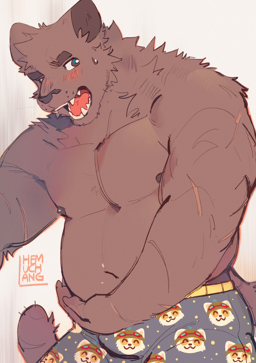 anthro arm_scar belly black_body black_fur blush blush_lines bodily_fluids clothed clothing flustered fur male open_mouth overweight overweight_anthro overweight_male scar shorts_only solo sweat sweatdrop topless topless_anthro topless_male hemuchang felid mammal pantherine 2022 hi_res