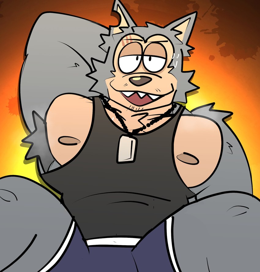 anthro arm_support armpit_hair armpit_musk bodily_fluids body_hair bottomwear chest_tuft clothing dog_tags facial_scar fangs fur grey_body grey_fur hand_behind_head looking_at_viewer male muscular muscular_anthro muscular_male musk musk_clouds nipples notched_ear pecs scar sharp_teeth shirt shorts smile solo stubble sweat sweatdrop tan_body tan_fur tank_top teeth topwear tuft janjauwu beastars legoshi_(beastars) canid canine canis mammal wolf 2025 absurd_res hi_res