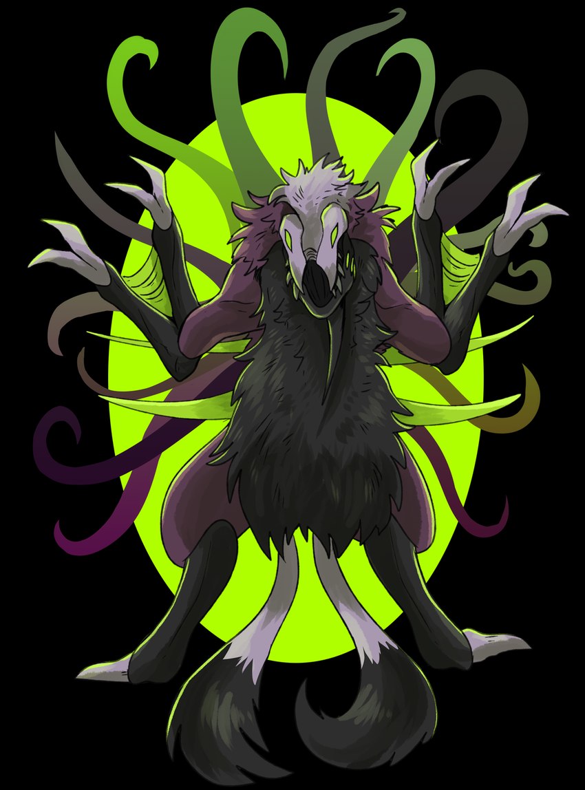 2_tails ambiguous_gender biped black_body black_fur empty_eyes front_view fur green_eyes multi_tail purple_body purple_fur simple_background solo standing tail teeth tentacles imperatorcaesar monster species_request alpha_channel hi_res