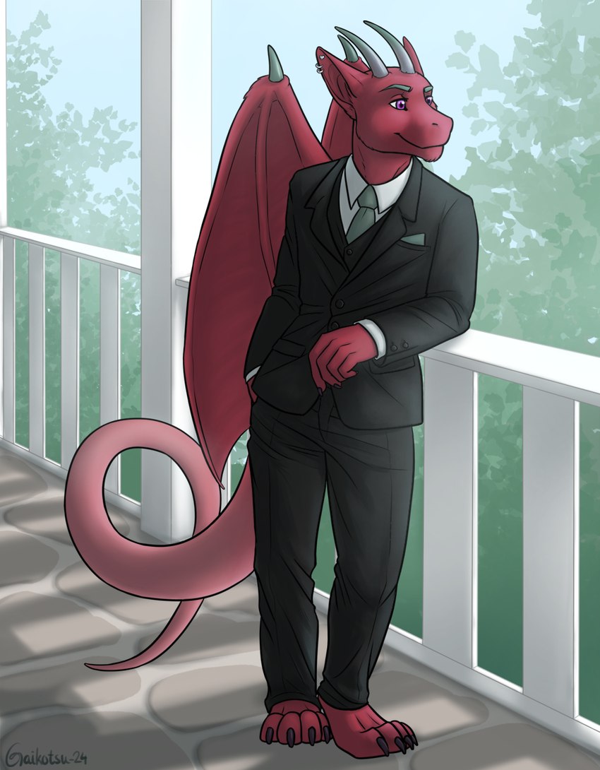 anthro barefoot claws collared_shirt day deck_(structure) ear_piercing ear_ring ear_stud feet formal_clothing formal_suit formal_wear hand_in_pocket heart_symbol horn leaning_on_railing looking_aside male necktie piercing plant plantigrade pocket_square pockets pose posing_for_picture purple_eyes railing red_body ring_piercing shadow solo spikes spikes_(anatomy) stone_floor suit_jacket suit_pants toe_claws tree wing_spikes wings gaikotsu mythology dragon mythological_creature mythological_scalie scalie 2024 hi_res signature