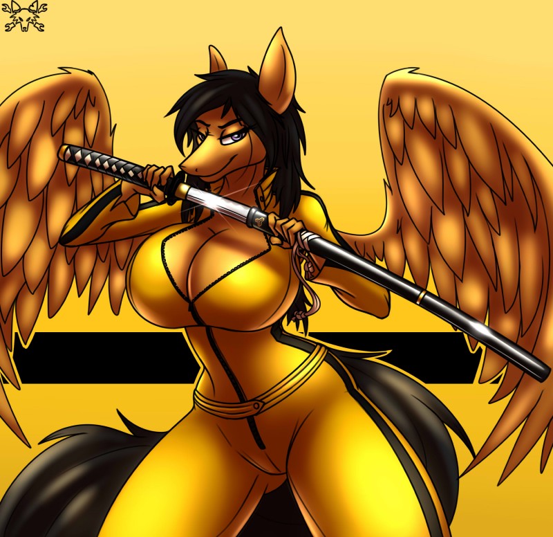 anthro big_breasts black_hair breasts cleavage clothed clothing female hair katana melee_weapon solo sparkles sword weapon wings tacticalfur hasbro kill_bill my_little_pony mythology fan_character equid equine mammal mythological_creature mythological_equine pegasus 2017 absurd_res hi_res