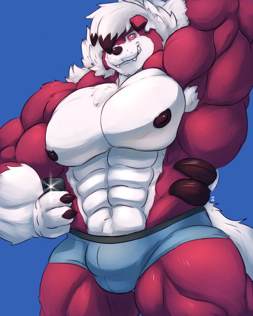 abs anthro armpit_tuft big_pecs black_nipples blue_background blue_clothing blue_underwear bulge camera_flash cellphone chest_tuft clothing detailed_bulge electronics fangs floppy_ears fur male muscular muscular_arms muscular_legs muscular_male navel nipples pecs phone red_body red_eyes red_fur red_sclera selfie sharp_teeth simple_background smartphone solo tail teeth tuft underwear white_body white_fur white_tail geodani nintendo pokemon magen_(geodani) canid canine canis generation_7_pokemon lycanroc mammal midnight_lycanroc pokemon_(species) 2022 4:5 hi_res signature