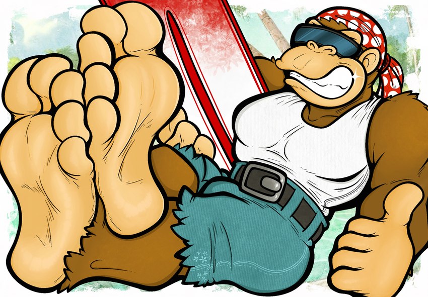 5_toes anthro barefoot beach biped bottomwear bulge clothed clothing eyewear feet foot_focus humanoid_feet kerchief male male_anthro muscular muscular_male pecs plantigrade shirt shorts smile soles solo sunglasses surfboard tank_top toes topwear sebafox donkey_kong_(series) nintendo funky_kong ape gorilla haplorhine mammal primate hi_res