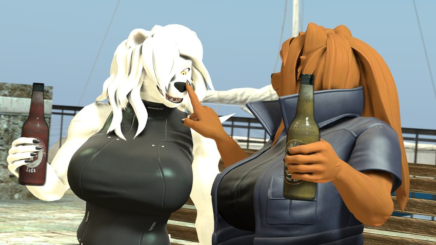 anthro bench beverage black_nose boat boop brown_body brown_hair clothing duo female furniture hair holding_object jacket mature_anthro mature_female nose_boop open_mouth open_smile railing sailing_boat sailing_watercraft seaside sharp_teeth smile soda soda_bottle teeth topwear vehicle watercraft white_body white_hair wood wood_bench wood_furniture bull3t petruz_(modeler) dasha_(petruz) nataliya_(petruz) bear mammal polar_bear ursine 16:9 3d_(artwork) 4k absurd_res digital_media_(artwork) hi_res widescreen daughter_(lore) mother_(lore) mother_and_child_(lore) mother_and_daughter_(lore) parent_(lore) parent_and_child_(lore) parent_and_daughter_(lore)