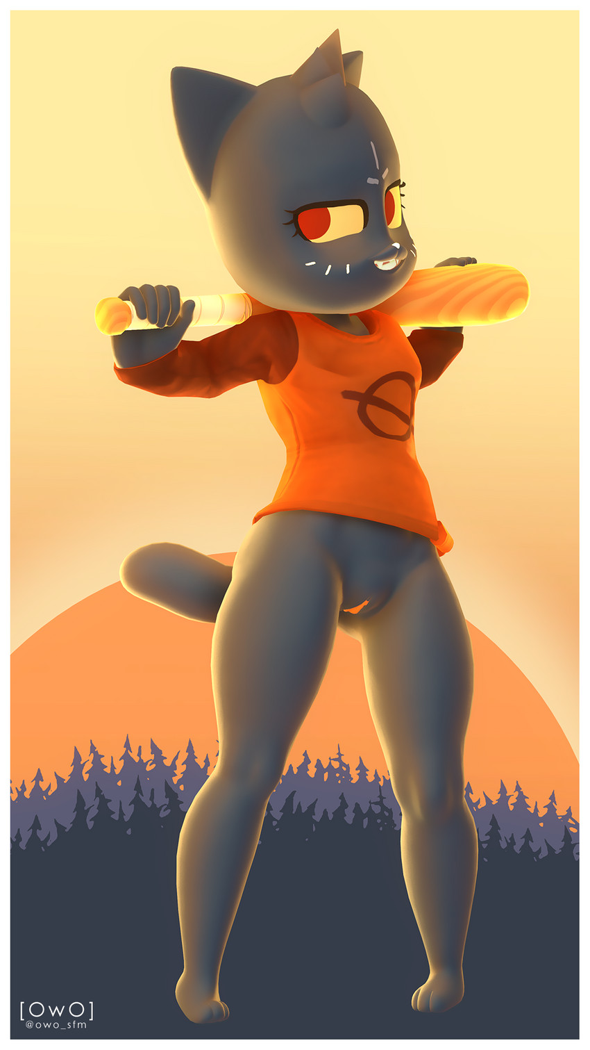 anthro baseball_bat bat_(object) blue_body blue_fur border bottomless clothed clothing dreamworks_smirk female forest fur genitals paws plant pussy red_eyes shirt smile smirk solo sunset t-shirt topwear tree white_border owo_sfm night_in_the_woods mae_borowski domestic_cat felid feline felis mammal 3d_(artwork) 9:16 digital_media_(artwork) hi_res source_filmmaker_(artwork)