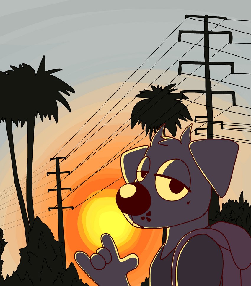 anthro backpack clothed clothing detailed_background floppy_ears gesture half-closed_eyes hand_gesture horn ily_sign looking_at_viewer male male_anthro narrowed_eyes outside palm_tree plant power_lines shirt sky snout solo sun sunset t-shirt topwear transmission_tower tree sebdoggo sebastian_(sebdoggo) canid canine canis demon domestic_dog mammal 2020 absurd_res cel_shading digital_drawing_(artwork) digital_media_(artwork) hi_res procreate_(artwork) shaded trans_(lore) trans_man_(lore)