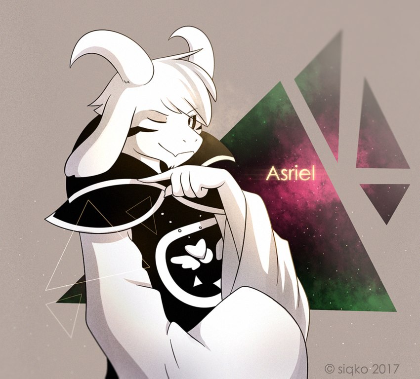 anthro clothing copyright_symbol emblem hand_on_chin horn male one_eye_closed smile solo symbol text triangle_(shape) wink siqko undertale undertale_(series) asriel_dreemurr_(god_form) boss_monster_(undertale) bovid caprine goat mammal 2017