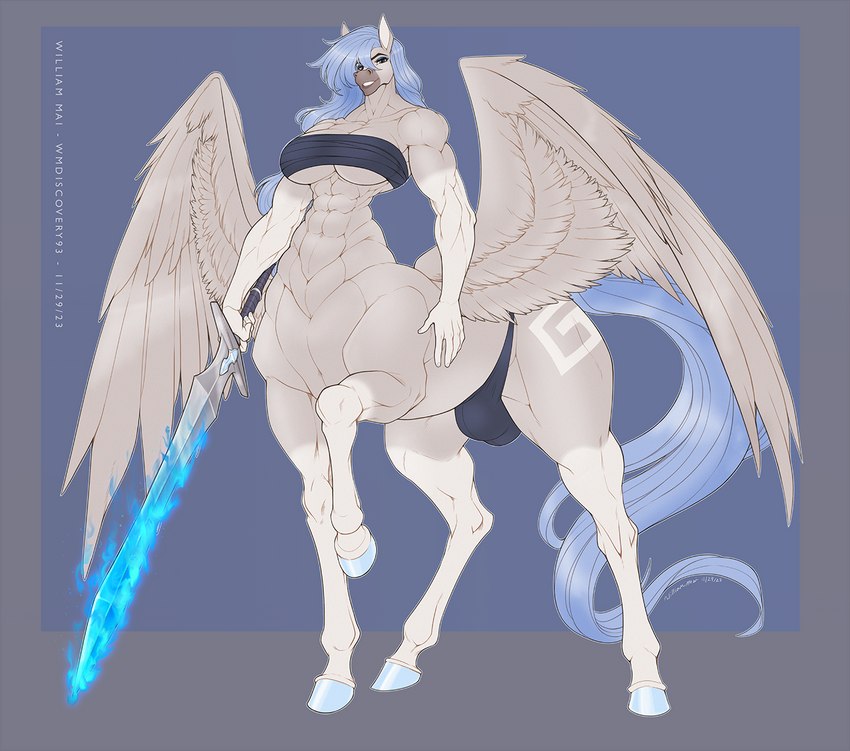 abs blue_fire blue_hair blue_tail bottomwear breasts bulge chest_wraps clothing colored_fire fire flaming_sword gynomorph hair hooves intersex melee_weapon muscular muscular_gynomorph muscular_intersex solo sword tail underwear weapon wings wraps wmdiscovery93 mythology aether_(aetherflame1397) equid equid_taur equine mammal mammal_taur mythological_creature mythological_equine pegasus pegasus_taur taur hi_res