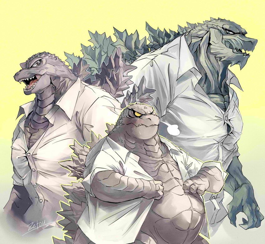 anthro back_spikes belly big_belly bodily_fluids breath brown_body brown_eyes brown_scales claws clothing collared_shirt dress_shirt facial_spikes finger_claws green_body green_eyes green_scales group male open_mouth overweight overweight_male scales semi-anthro sharp_teeth shirt simple_background spikes spikes_(anatomy) standing sweat sweatdrop teeth tongue topwear trio white_clothing white_shirt white_topwear yellow_background yellow_sclera zetou godzilla_(series) toho godzilla godzilla_(2014) godzilla_earth kaiju reptile scalie 2023 signature