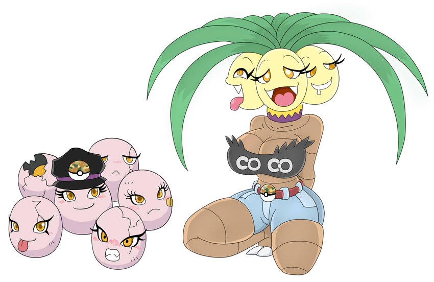 3_heads anthro armless big_breasts blush bottomwear breasts brown_body clothing collar egg evolutionary_family female green_hair group hair hat headgear headwear legless multi_head pink_body plant pokeball safari_ball shirt shorts simple_background tongue topwear white_background yellow_eyes urusee584 nintendo pokemon egg_creature elemental_creature exeggcute exeggutor flora_fauna generation_1_pokemon pokemon_(species) hi_res