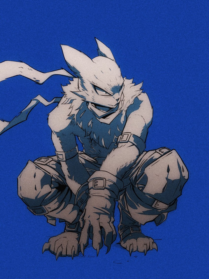 anthro belt claws crouching finger_claws male neck_tuft scarf shirtless solo toe_claws tuft steven_purifoy bandai_namco digimon digimon_(species) strabimon 3:4 hi_res