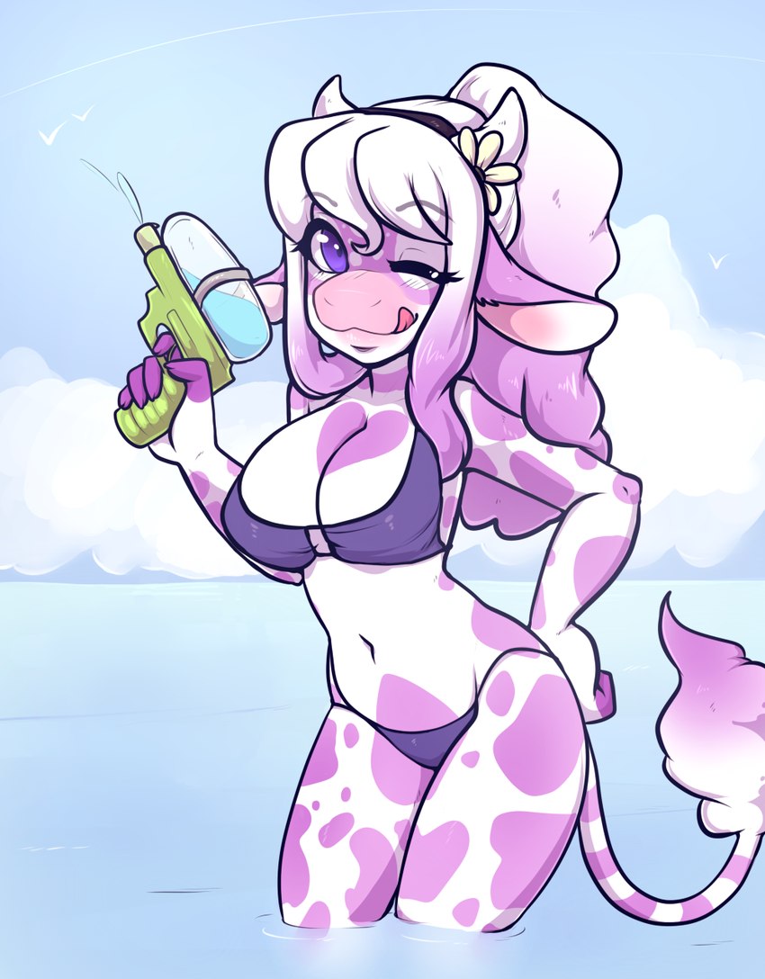 anthro big_breasts bikini biped breasts clothed clothing female looking_at_viewer one_eye_closed outside partially_submerged solo standing swimwear tongue tongue_out toy toy_gun two-piece_swimsuit water water_gun wink zyira jocelyn bovid bovine cattle holstein_friesian_cattle mammal 2015 digital_media_(artwork) hi_res